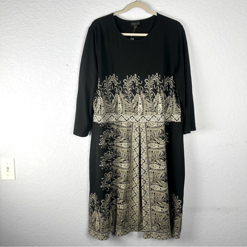 J. Jill Wearever Collection Black White Paisley Long Sleeves Midi Dress Pleated